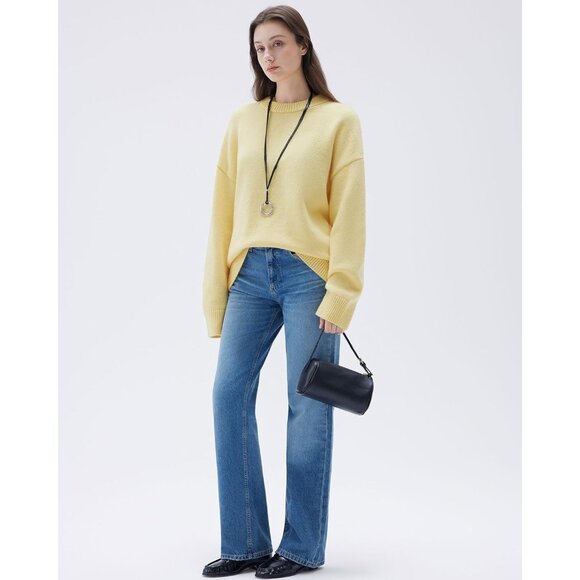 Women Cashmere Blend Oversized Crew Neck light Yellow Soft Warm Pullover Sweater - Picture 5 of 6